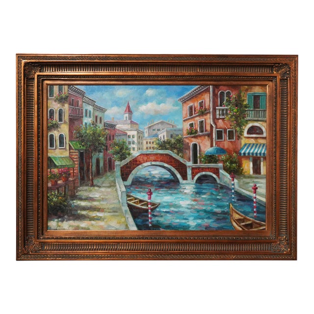 Vicentini Artist Signed Venice Canal Framed Oil Painting on Canvas For Sale
