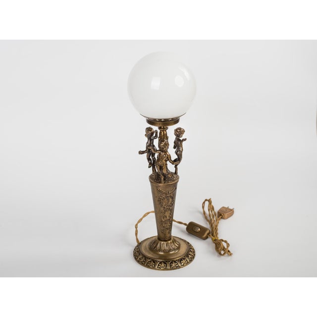 1960s Italian Neoclassical Brass Lamp With Cherubs & Opaline Globe – Expertly Restored For Sale - Image 9 of 10