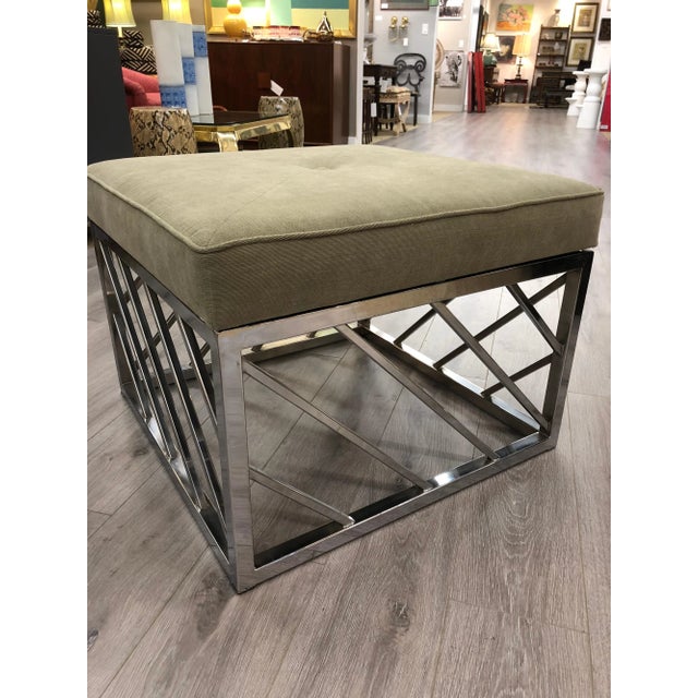 Square brushed steel midcentury bench with newly upholstered top with welting and single button. Would also make great...