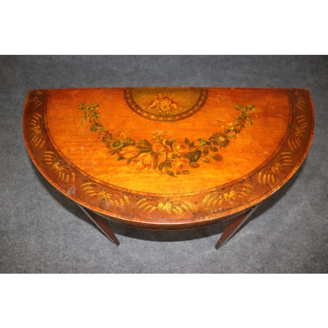 Paint 19th Century English Adams Style Paint Decorated Leather Top Demilune Table For Sale - Image 7 of 12