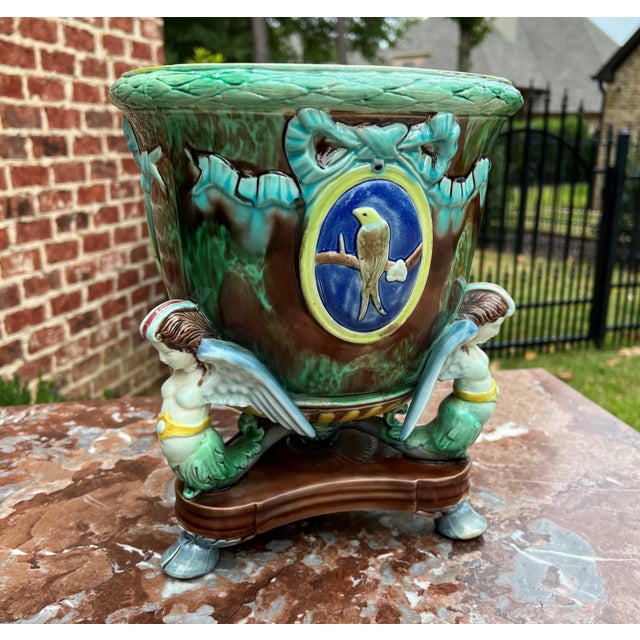 English Antique English Majolica Cache Pot Planter Bowl Footed Jardiniere Angels Birds For Sale - Image 3 of 13