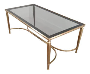 Mid Century Solid Brass Coffee Table With Smoke Glass & Curved Stretcher