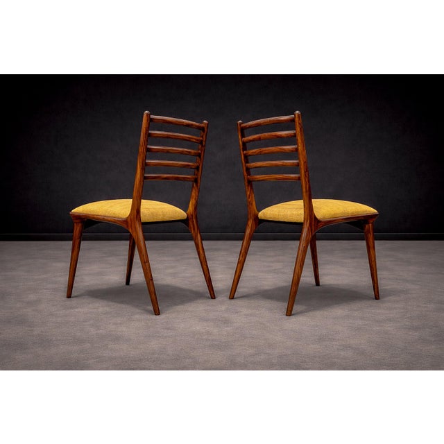 Set of 2 Chairs in Rosewood & Yellow Linen Canvas, Carlo Hauner, 1950s For Sale - Image 12 of 14