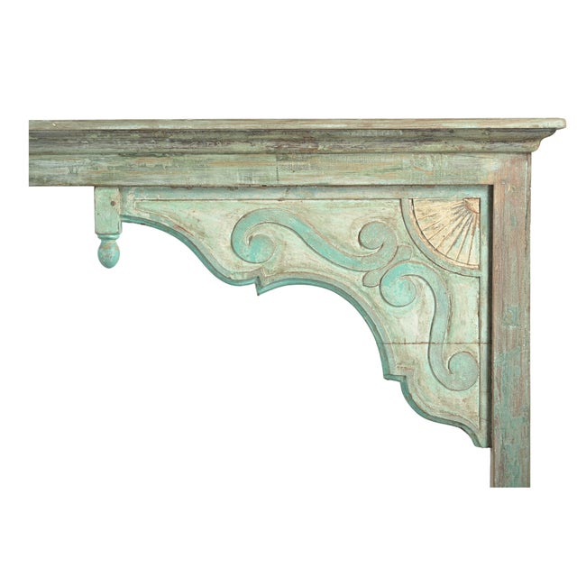Indian King Size Headboard constructed from Antique Architectural Components, featuring carved and painted teakwood...