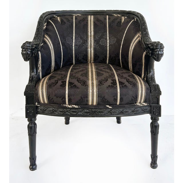 English Vintage Ebonized Carved Ram's Head Bergère Chairs, Pair For Sale - Image 3 of 16