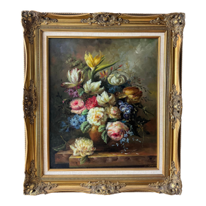 Large Oil Painting Floral Still Life Art Ornate Gilt Frame Traditional Vintage European