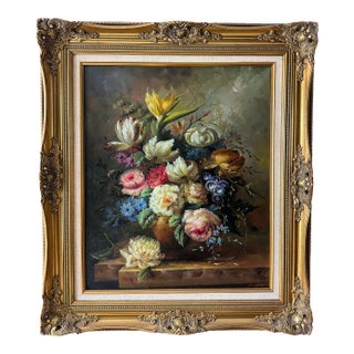 Vintage Floral Still Life Oil on Canvas in Ornate Gilt Wood Frame, Signed For Sale