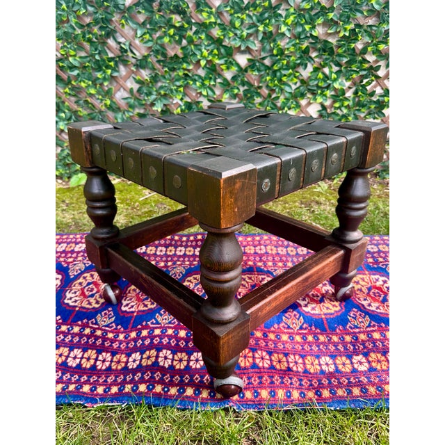 Wood Vintage Spanish Revival Woven Leather Strap Rolling Footstool For Sale - Image 7 of 13