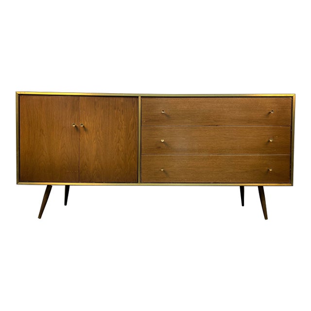 Mid-Century Modern Walnut and Brass Six Drawer Dresser For Sale