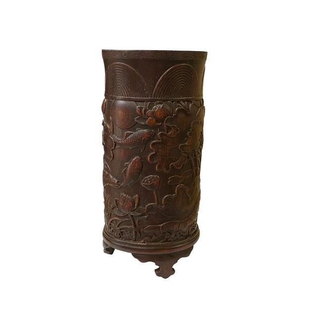 Wood Chinese Bamboo Lotus Flower Leaves Carving Brush Pen Holder / Pot For Sale - Image 7 of 7