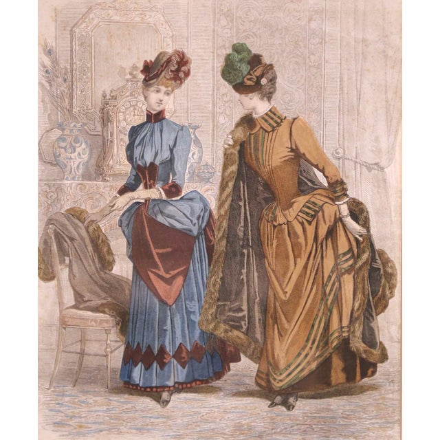 Wood Pair 19th Century French Fashion Engravings in Walnut Frames For Sale - Image 7 of 17