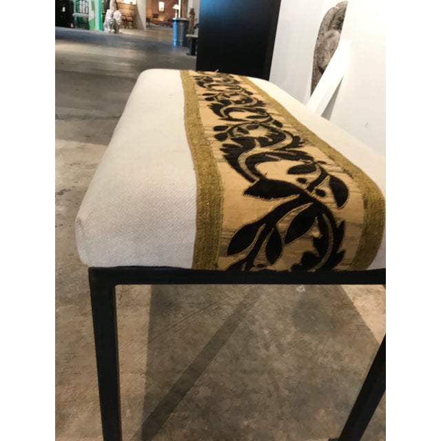 Contemporary Custom Made Iron Bench With Antique French Papal Tapestry in Rogers and Goffin Linen For Sale - Image 3 of 10