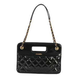 Black Quilted Patent Graphic Catch Small Shopping Bag