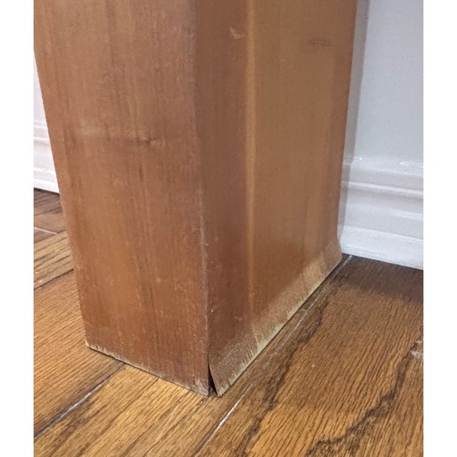 1960s midcentury walnut extra-long console table w/ white marble top inserts. Legs/base have some slight damage/peeling to...