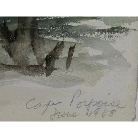 Perched on a wooden post, a seagull looks out over the marina in this Eve Nethercott watercolor. Rendered loosely with...