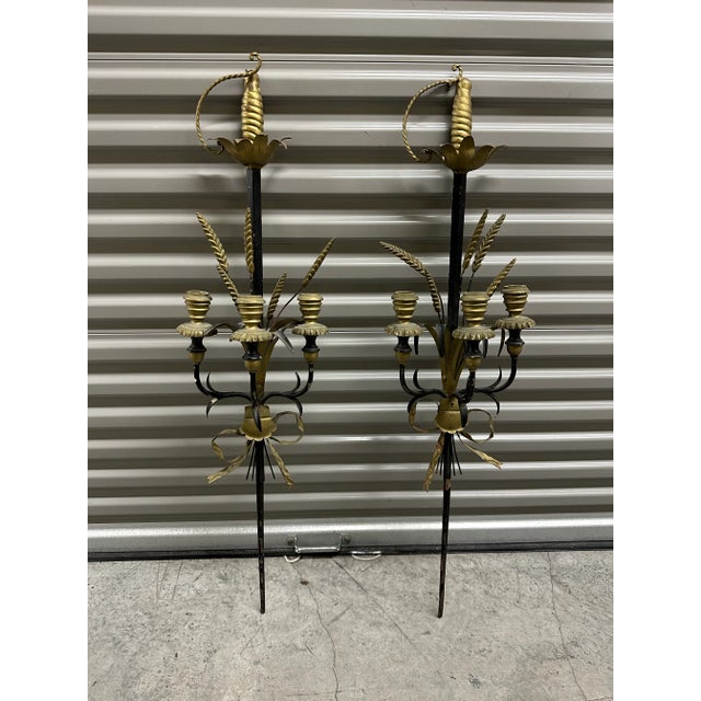 Brass Italian Gilt Wood & Tole Sword Candle Wall Sconces a Pair For Sale - Image 8 of 8