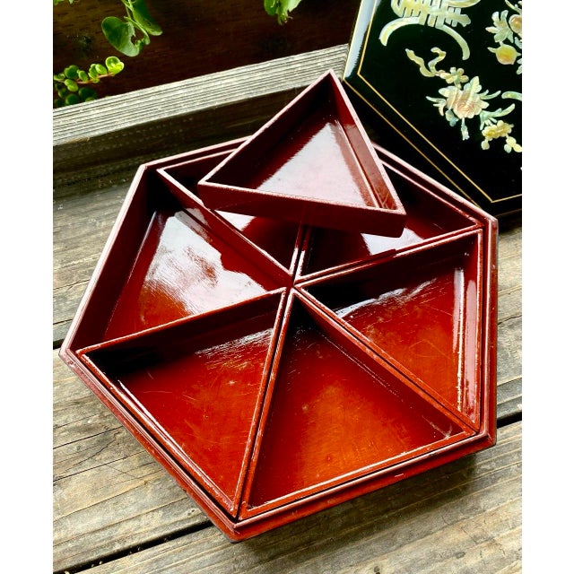 Wood Vintage Chinese Black Lacquer Mother-of-Pearl Inlaid Hexagonal Banchan Serving Box For Sale - Image 7 of 14