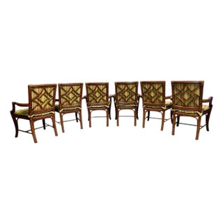 Lane Venture Tradewinds Rattan Arm Chairs, Set of Six, Excursions, Chippendale Style, Striped Upholstery For Sale