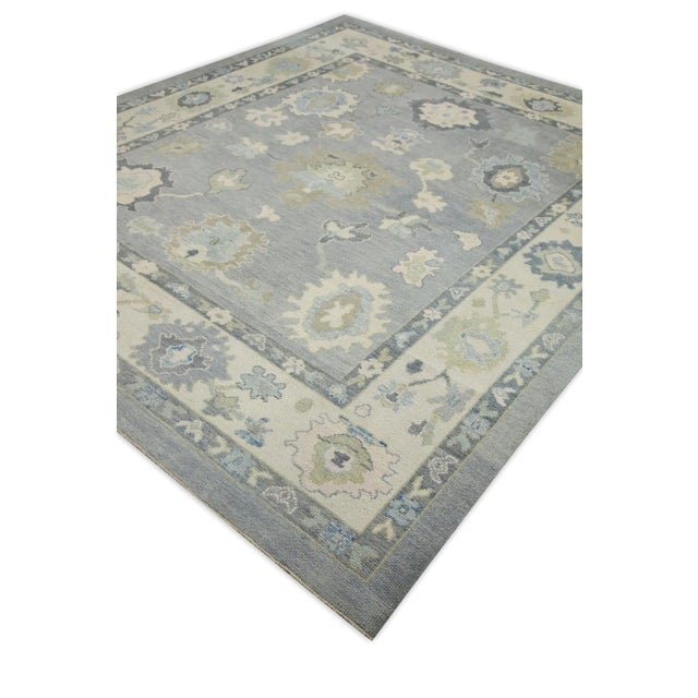 Early 21st Century Early 21st Century Blue & Green Floral Design Handwoven Wool Turkish Oushak Rug 8'3" X 9'7" For Sale - Image 5 of 8