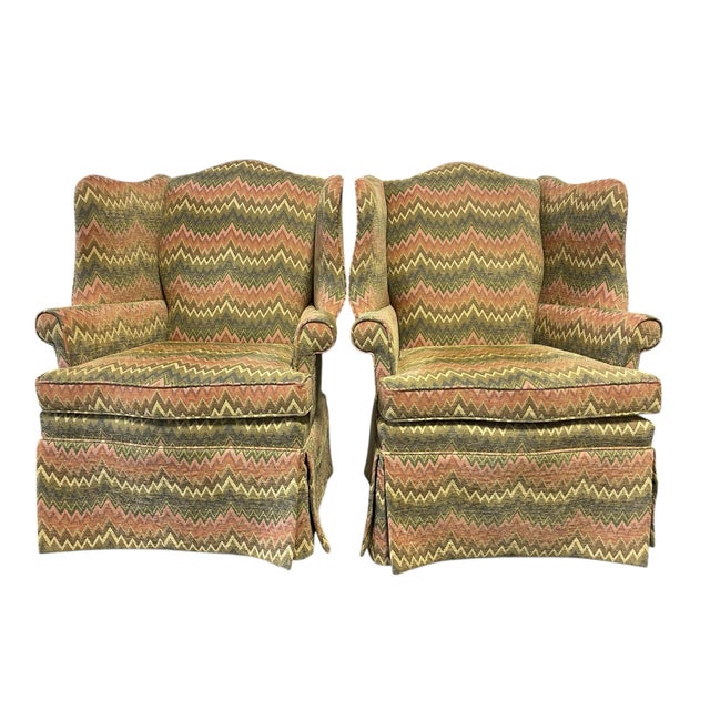 Postmodern Groovy Flame Stitch Wing Chairs by Harden, a Pair, Wingback Chairs, Vintage For Sale - Image 3 of 12