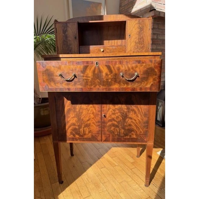 Antique Tennenbaum Flame Mahogany Secretary Desk with Leather Fall Front and Custom Bouclé Chair For Sale - Image 18 of 18