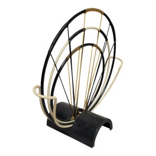 Mid-Century Japanese Fan Stand by Kyowa – Black & Gold Wire Wrapped Display Holder For Sale