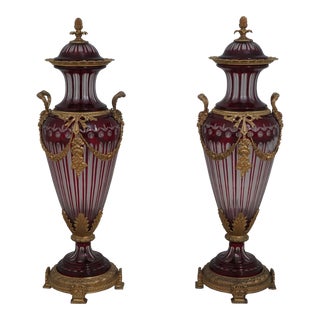 Pair Palatial Bohemian Cut to Clear Crystal Bronze Urns For Sale