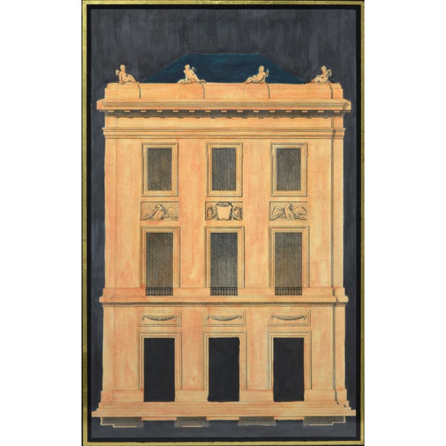 French Pair Antique Architectural Engravings in Fine Gilt & Lacquer Modernist Frames For Sale - Image 3 of 7