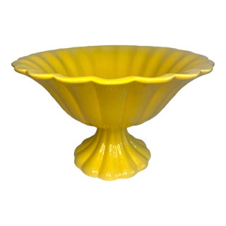 Vintage Scalloped Edge Decorative Ceramic Footed Bowl, Canary Yellow For Sale