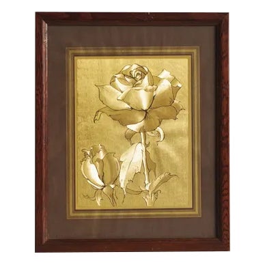 Framed Gold Painting of Rose, 1970s For Sale