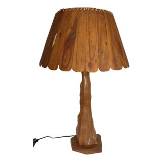Rustic Folk Art Cypress Knee Table Lamp With Sculpted Wood Slat Shade For Sale