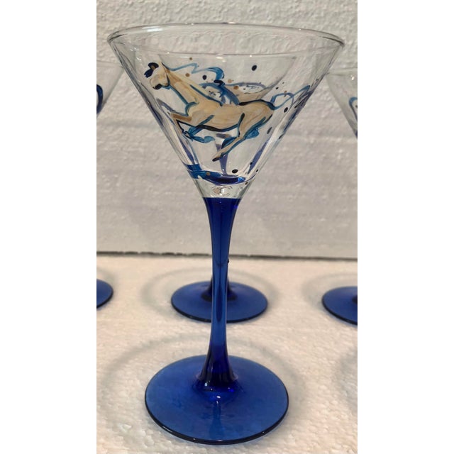 Mid Century French Blue Hand Painted Equestrian Horse Martini Glasses - Set of 6 For Sale In West Palm - Image 6 of 10