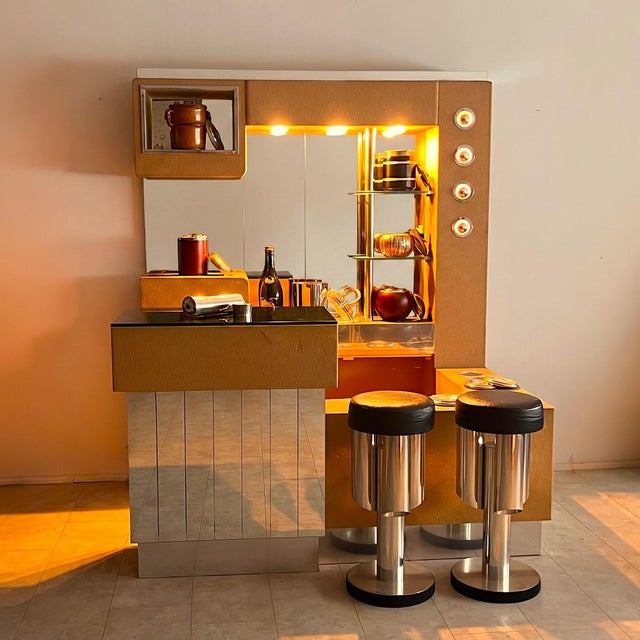 Italian Modern Dry Bar Unit with Mirror, Brass Accents and Stools, 1970s, Set of 3 For Sale - Image 15 of 15