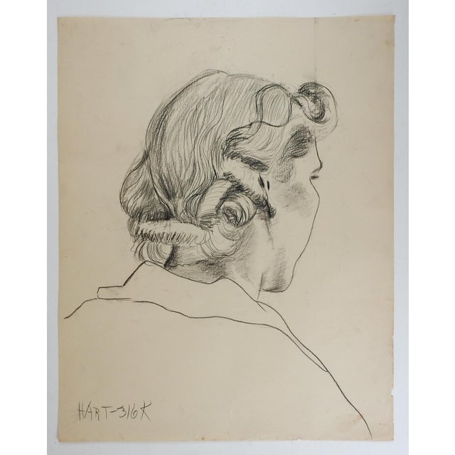 Vintage 1950 charcoal on paper portrait drawing of woman from the back by Geneva Flores Hart (1906-2008) Texas. Signed...