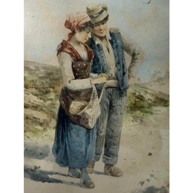 Quality Antique 19th Century Signed Man Lady Woman Realism Watercolor Painting For Sale - Image 9 of 9