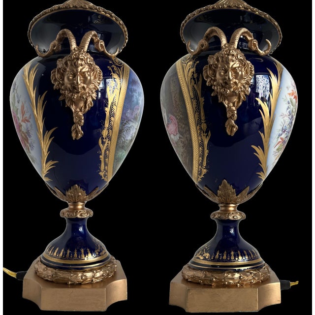 Antique Sevres Style Bronze Ormolu Têtes De Satyres Cobalt Blue Porcelain Table Lamp For Sale - Image 18 of 18