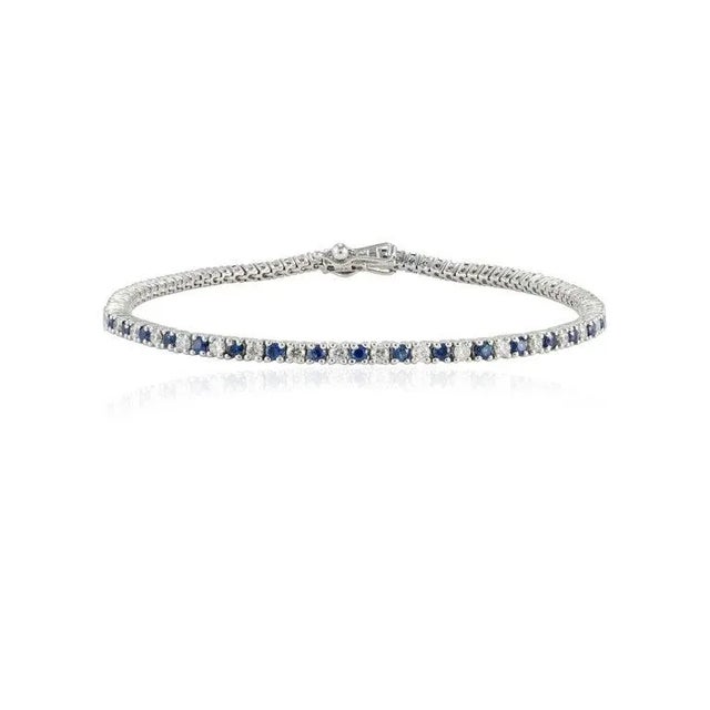 Metal 18k White Gold 1.39ct Natural Blue Sapphire and Diamond Tennis Bracelet For Sale - Image 7 of 13