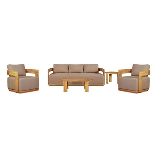 Eclipse Outdoor Solid Teak Wood Sofa Set - Light Brown Fabric For Sale