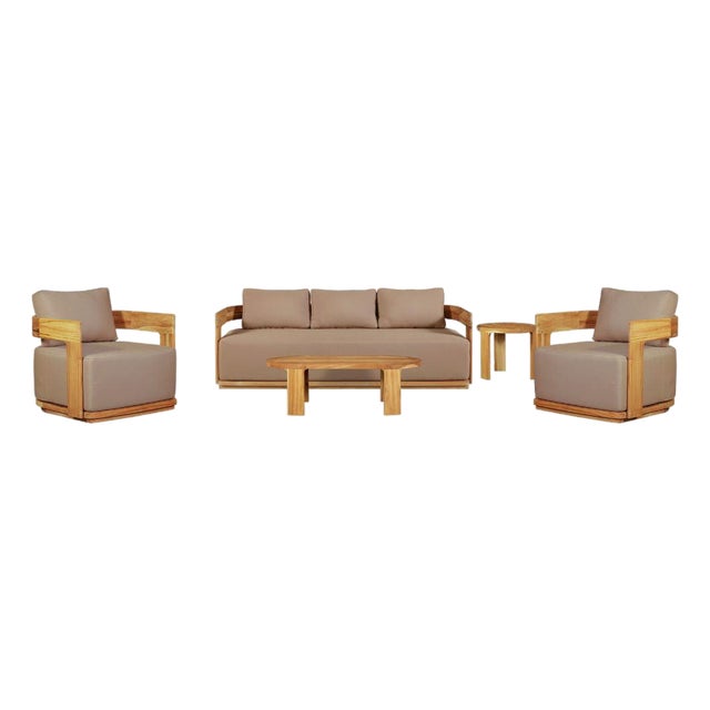 Eclipse Outdoor Solid Teak Wood Sofa Set - Light Brown Fabric For Sale