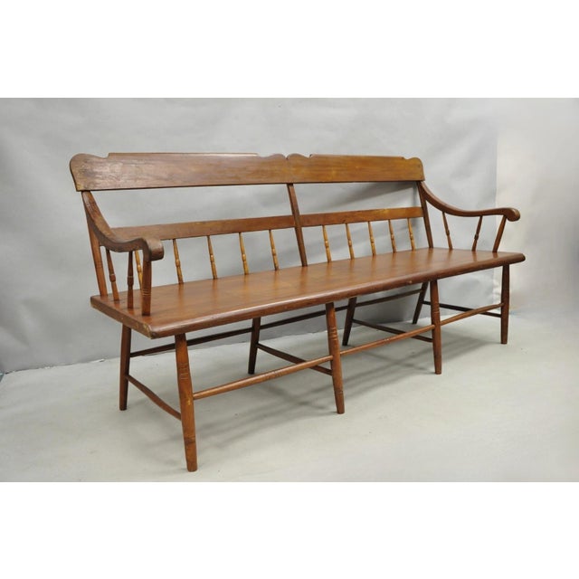 Antique American Colonial Farmhouse Spindle Back Pine Wood 8 Leg 72" Long Bench with Remarkable Authentic Patina. Circa...
