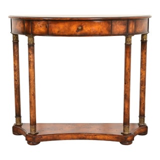 Maitland Smith Style French Empire Burl Wood and Gold Gilt Demilune Console Table For Sale