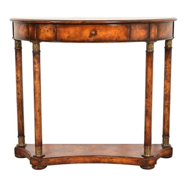 Maitland Smith Style French Empire Burl Wood and Gold Gilt Demilune Console Table For Sale