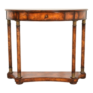 Maitland Smith Style French Empire Burl Wood and Gold Gilt Demilune Console Table