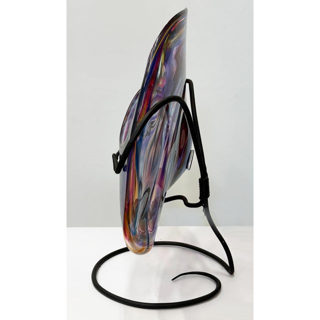 Huge David Goldhagen Studio Blown Art Glass Vessel, Custom Iron Stand, American For Sale In Miami - Image 6 of 11