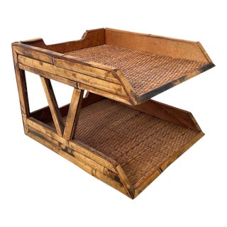 Vintage Burnished Bamboo Woven Rattan 2 Tiered Desk Organizer. Boho Coastal Decor For Sale
