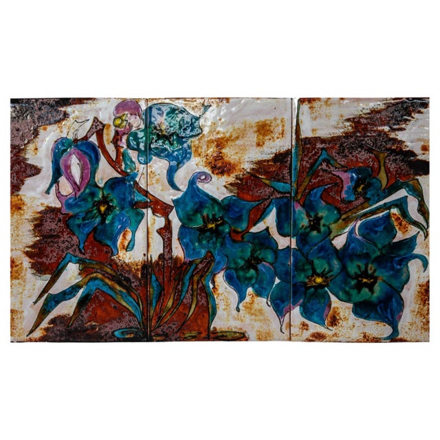 Wall Mounted Blue Flower Ceramic Tile, 1970 For Sale