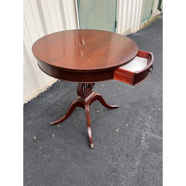 Early 20th Century Early 20th Century Antique Mersman Mahogany Single Drawer Lyre Side Table For Sale - Image 5 of 12