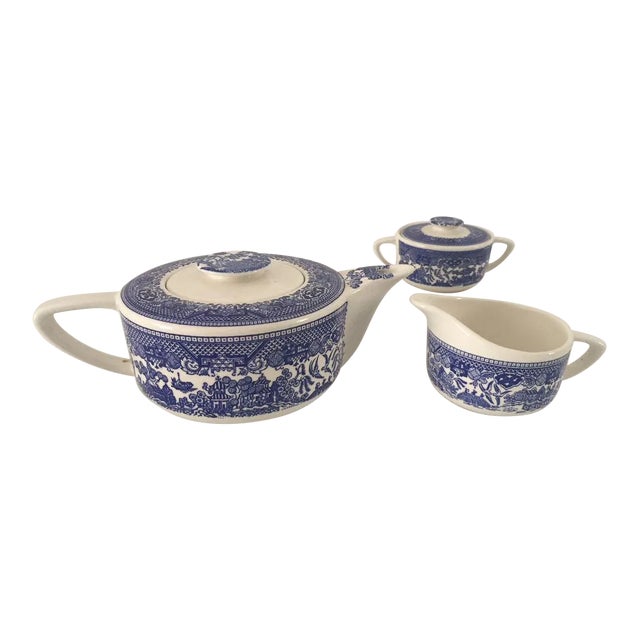 Vintage Blue Willow Teapot, Sugar & Creamer - Set of 3 For Sale