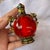1980s Vintage Red Glass Snuff Bottle — Gilt Bronze Dragon-Handled Moon Flask With Jeweled Stopper and Enamel Mounts For Sale - Image 5 of 8