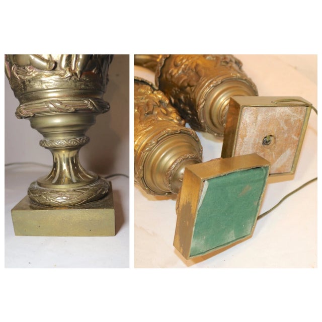 Huge Pair of 1800's Antique Gilt Bronze Figural Cherub Ewer Urn Vase Table Lamps For Sale - Image 12 of 12
